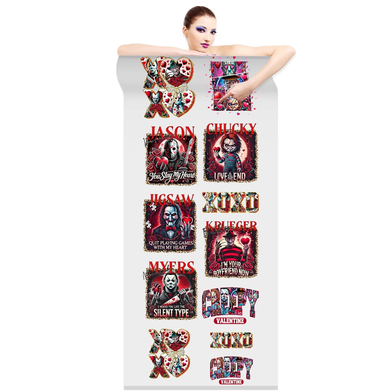 Horror Hearts Creepy Valentine DTF Transfer 22x60 - Direct-to-Film Gang Sheet, Ready-to-Press Spooky Valentine Design for Apparel